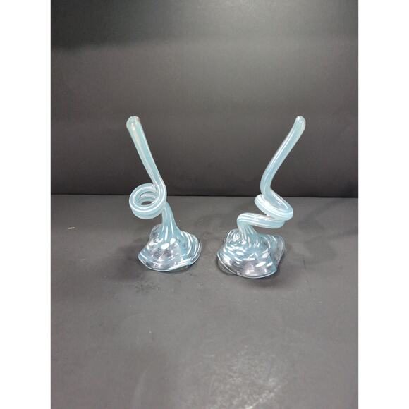 Art Glass Flower Set Of 2, Blue White Flecks, Curled Stem Decor, Glass Flower - Picture 4 of 8